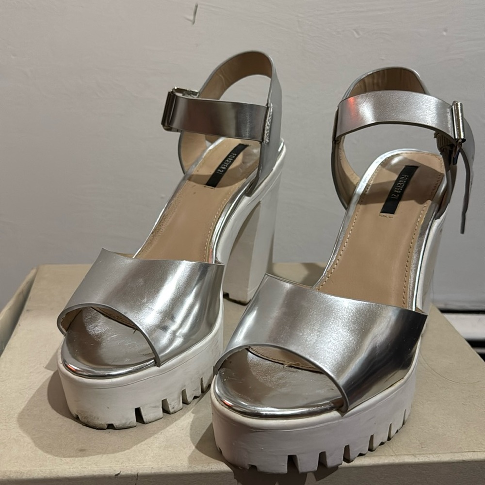 F21 metallic silver platforms